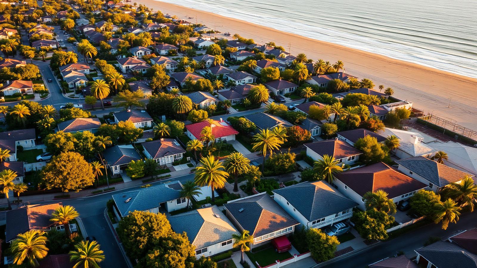 Aerial view of Redondo Beach residential streets near the coastline at golden hour