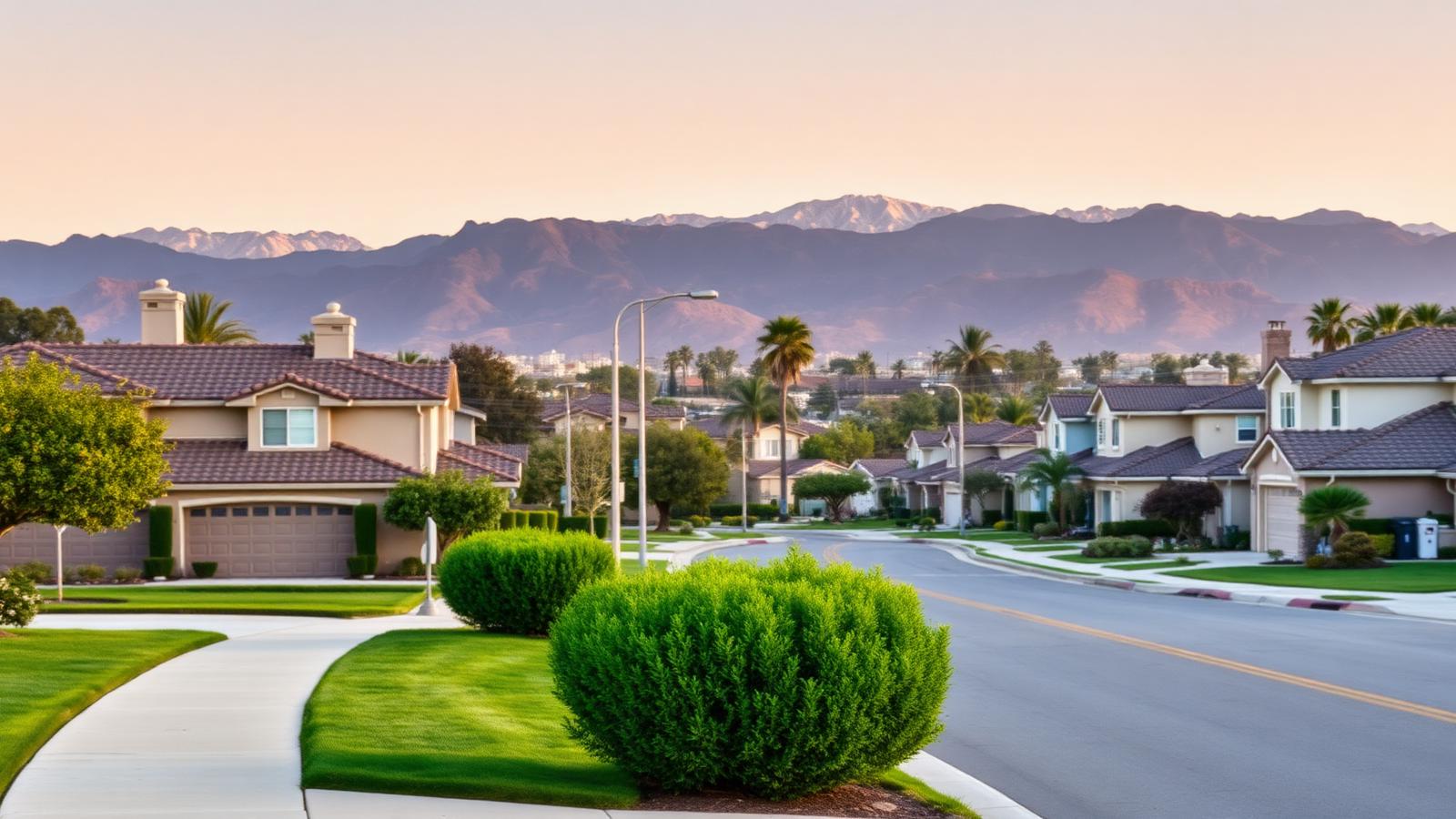 Residential street of single family homes in Torrance, California at dusk