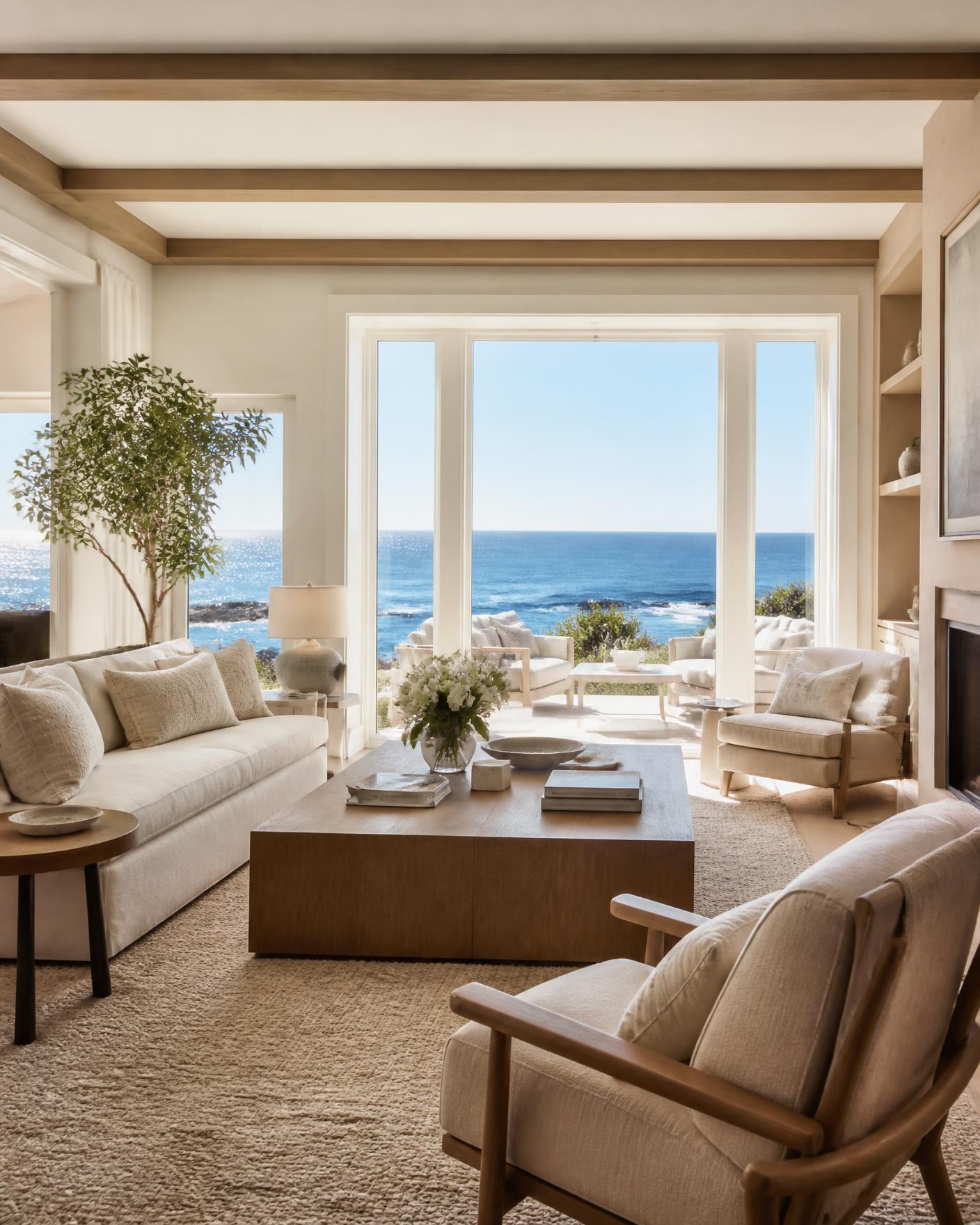 Bright coastal living room with an ocean view