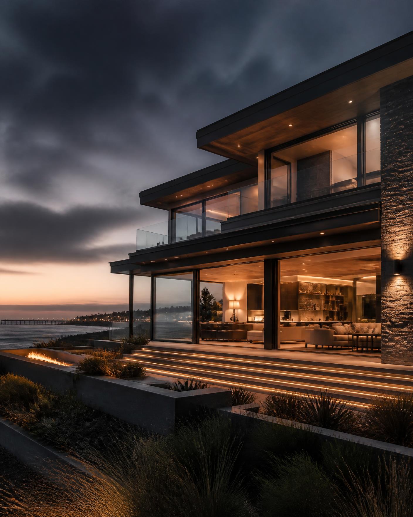 Modern South Bay luxury home exterior at dusk